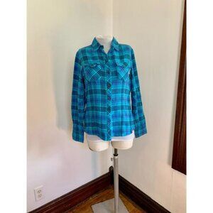 Field & Stream Flannel Shirt Teal Blue Plaid Button Up Med Soft Boho Cotton